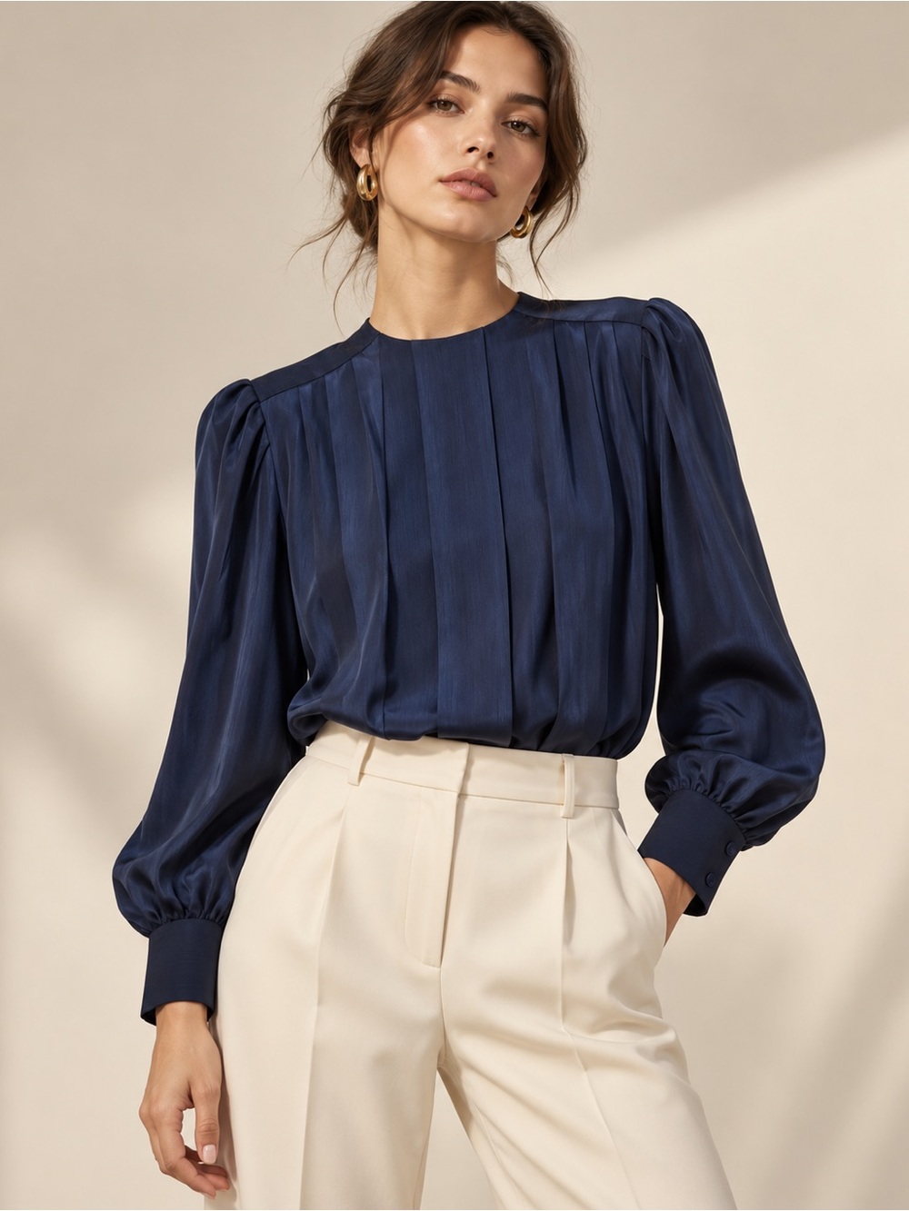 Vintage Prestige Business Fashions Navy Pleated Blouse Size 2 Made in USA